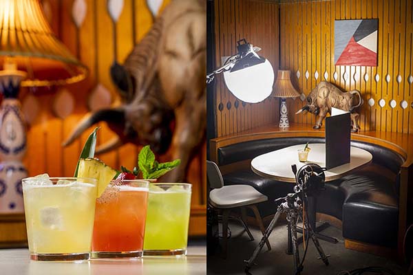 Trio of tropical cocktails with fruit garnishes. And a behind the scenes shot of the camera equipment used at Tijuana Picnic in New York.