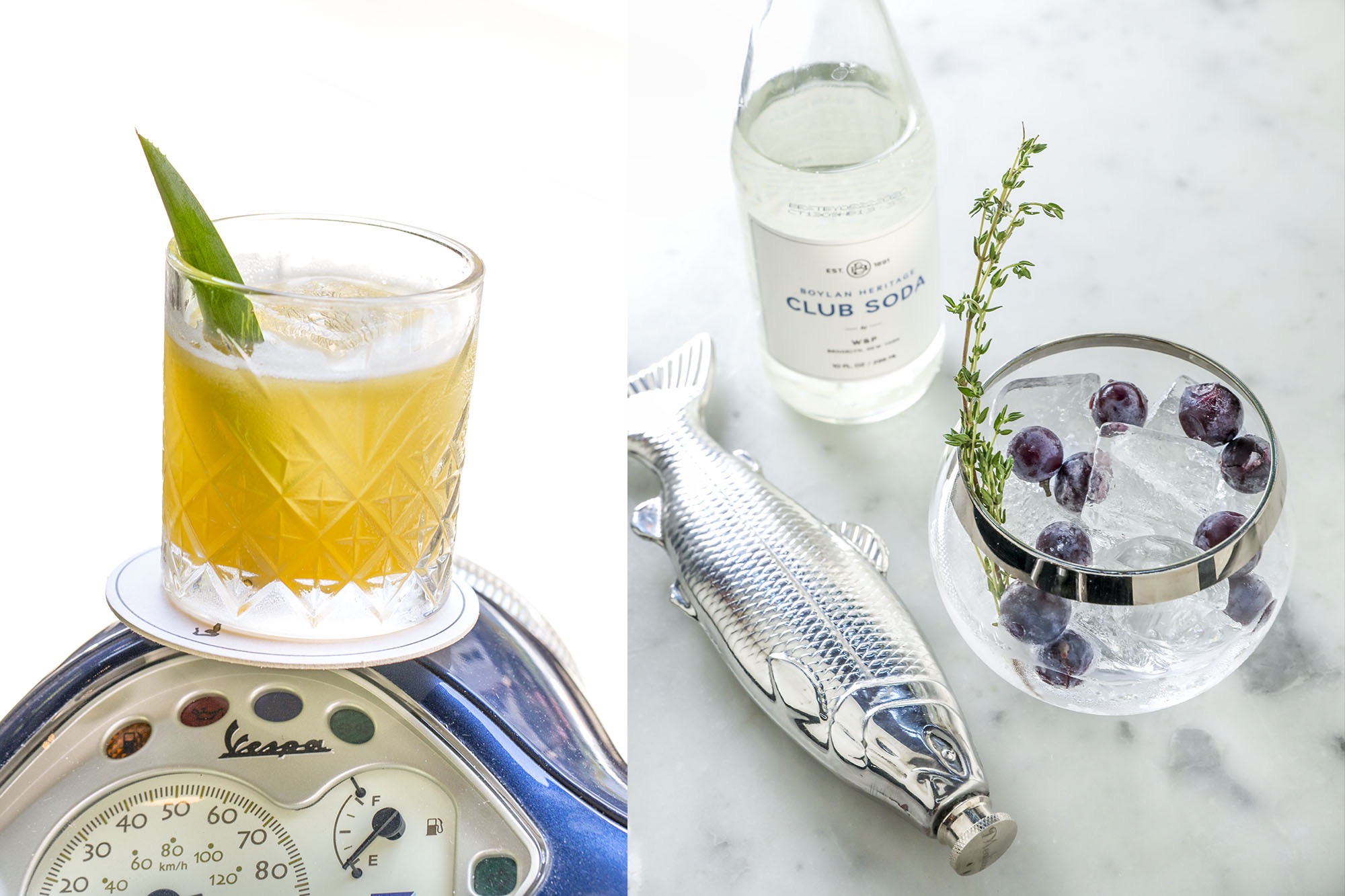 Drink with a fish flask and garnished with thyme